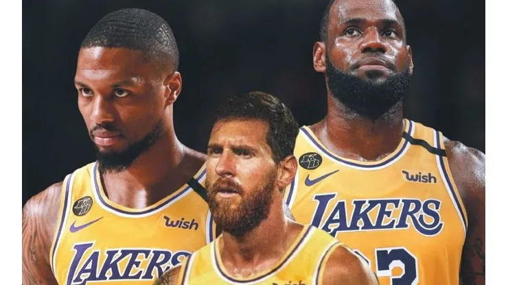 Lionel Messi con el jersey de los Lakers, de la NBA.