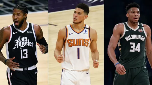 Paul George, Devin Booker y Giannis Antetokounmpo.