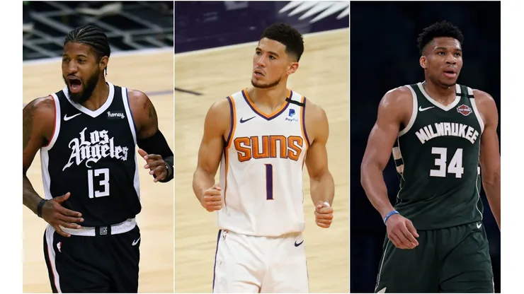 Paul George, Devin Booker y Giannis Antetokounmpo.