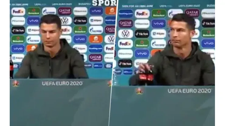 Cristiano Ronaldo al retirar la botella de Coca-Cola en la Eurocopa.