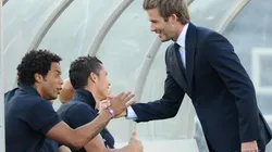 Marcelo y David Beckham durante un amistoso entre Real Madrid y LA Galaxy en USA.