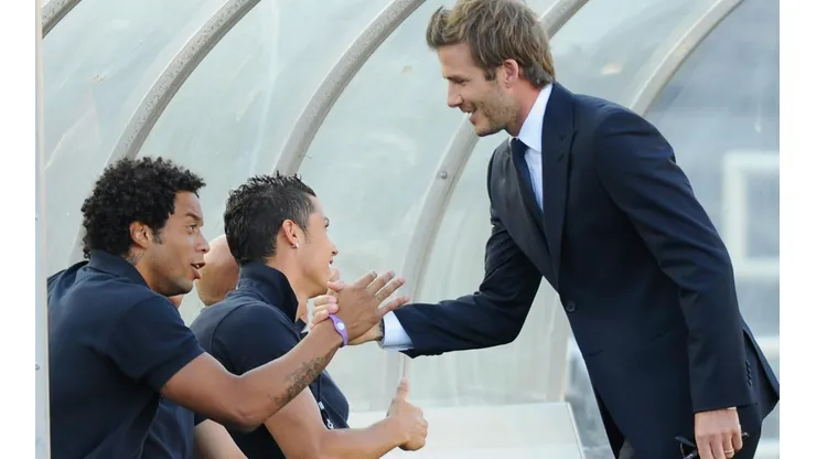 Marcelo y David Beckham durante un amistoso entre Real Madrid y LA Galaxy en USA.