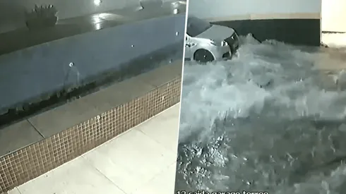 Video viral: una pileta se desfondó e inundó el estacionamiento de un edificio