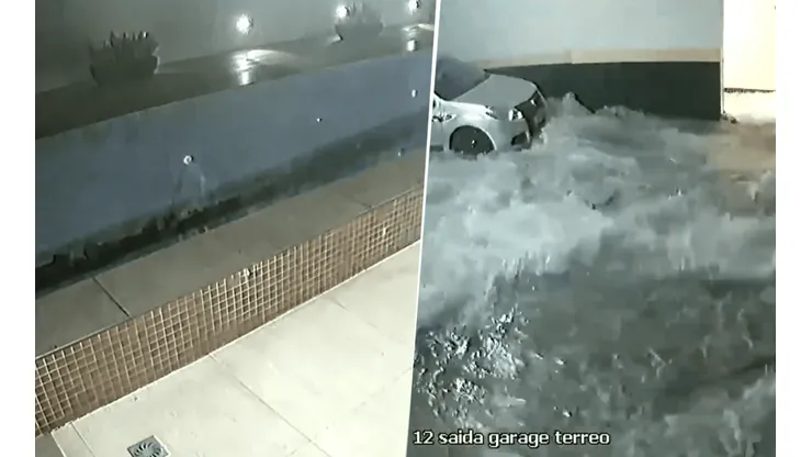 Video viral: una pileta se desfondó e inundó el estacionamiento de un edificio