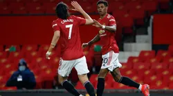 El festejo de Cavani y Rashford en el empate transitorio.