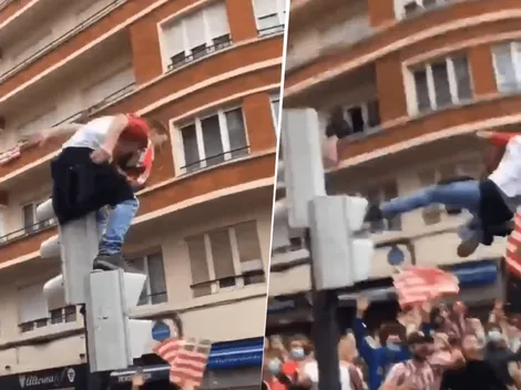 Video viral: un hincha del Athletic saltó desde un semáforo y cayó al suelo