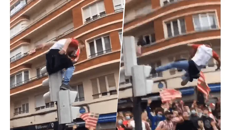 Video viral: un hincha del Athletic saltó desde un semáforo y cayó al suelo