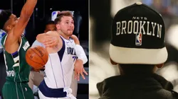 Giannis Antetokounmpo, Luka Doncic y gorra de Brooklyn Nets