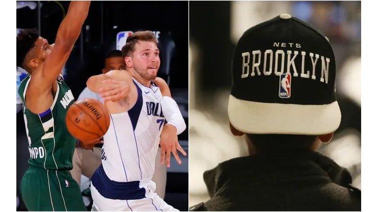 Giannis Antetokounmpo, Luka Doncic y gorra de Brooklyn Nets