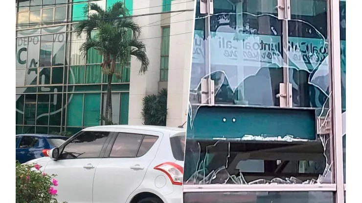 Así quedó la sede del Deportivo Cali tras ser atacada por hinchas con piedras.