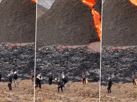 Video viral: juegan con la pelota al lado de un volcán en erupción en Islandia