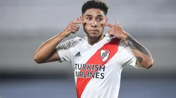 Gonzalo Montiel festejando su tanto ante Rosario Central.