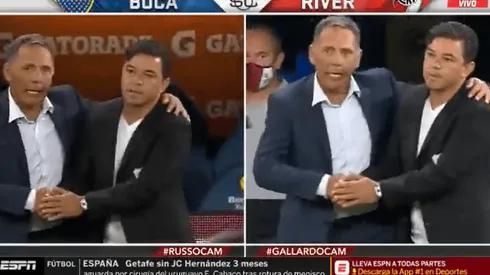 Así se saludaron Miguel Russo y Marcelo Gallardo.