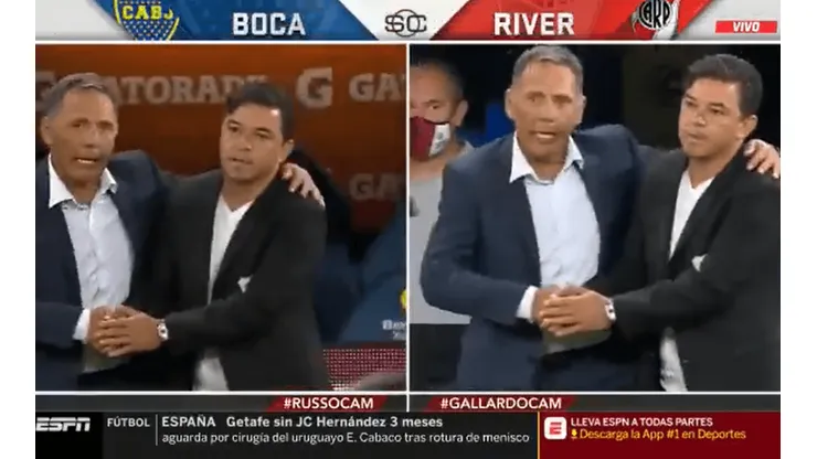 Así se saludaron Miguel Russo y Marcelo Gallardo.