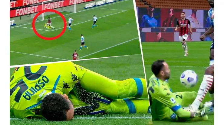 Así fue el duro golpe que recibió David Ospina en el partido entre AC Milan y Napoli.
