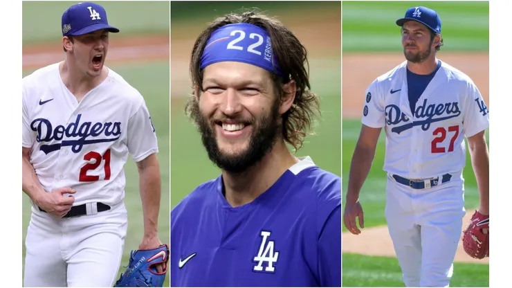 Walker Buehler, Clayton Kershaw y Trevor Bauer