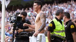 James Rodríguez festeja su primer gol con el Real Madrid tras su regreso.