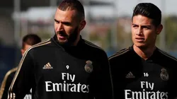 Karim Benzema y James Rodríguez, juntos en el último entrenamiento del Real Madrid.
