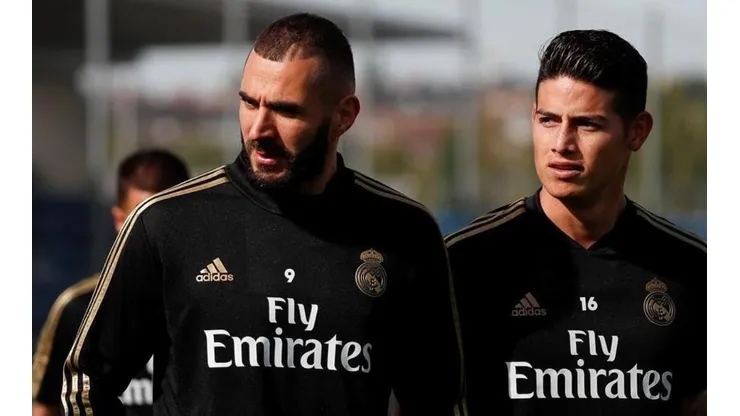 Karim Benzema y James Rodríguez, juntos en el último entrenamiento del Real Madrid.