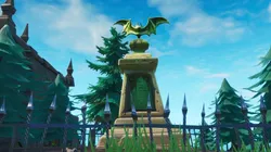 Baila frente a la estatua de un murciélago, en una piscina muy alta y en un asiento para gigantes en Fortnite