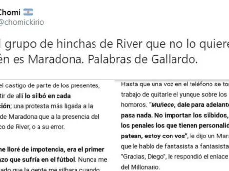 Se cansó de ver hinchas de River que no quieren a Maradona y tiró un tuit: "Palabras de Gallardo"
