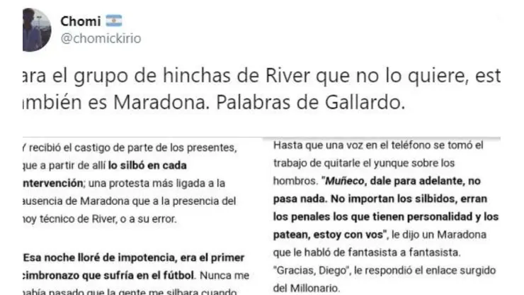Se cansó de ver hinchas de River que no quieren a Maradona y tiró un tuit: "Palabras de Gallardo"