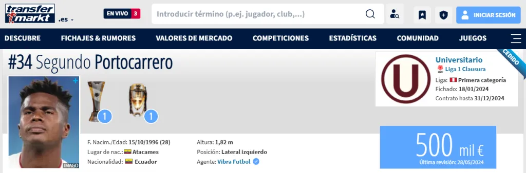 Precio de Portocarrero. (Foto: Transfermarkt)