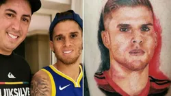 Gustavo Cuéllar y el tatuaje de un hincha en homenaje a su trabajo en Brasil.