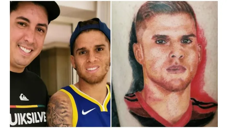 Gustavo Cuéllar y el tatuaje de un hincha en homenaje a su trabajo en Brasil.