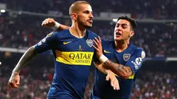 Pavón y Benedetto festejan el gol de éste último en el Bernabéu. (Getty)