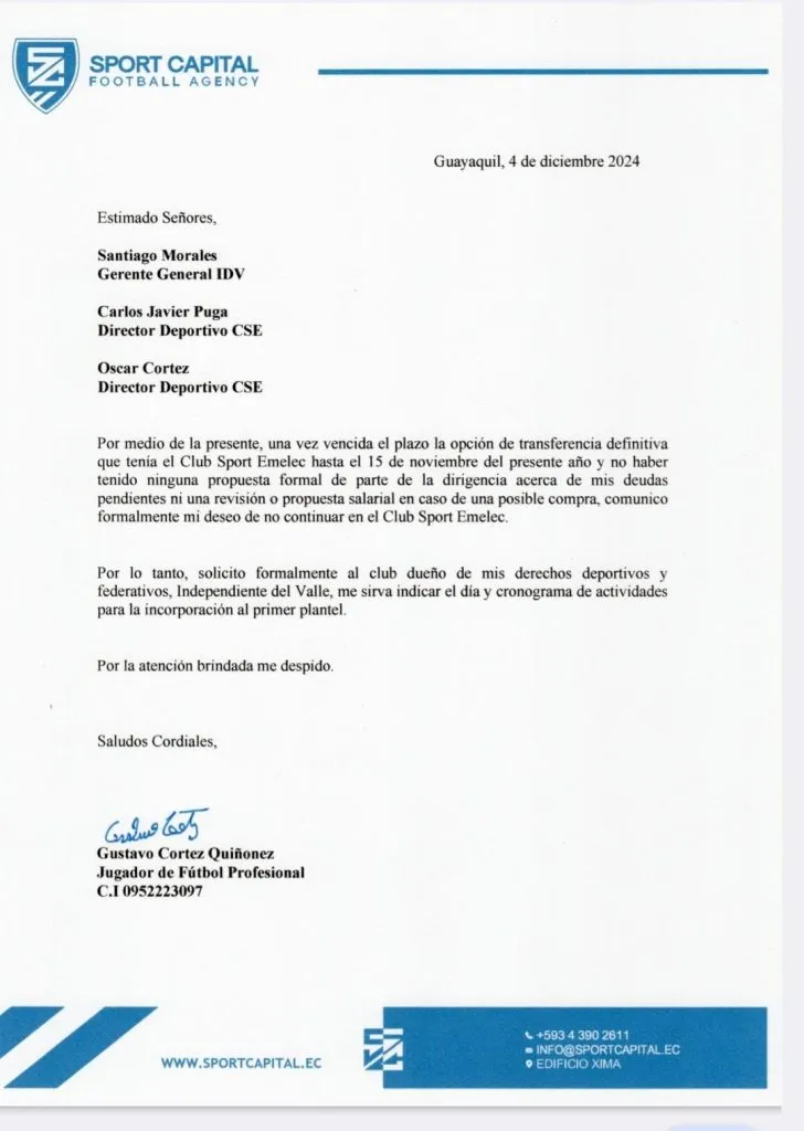 La carta de Cortez a Emelec. (Foto: @Josem79)