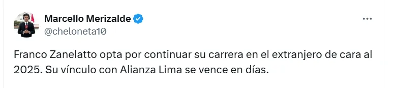 Marcello Merizalde explicó la situación de Zanelatto en Alianza. (Foto: X)
