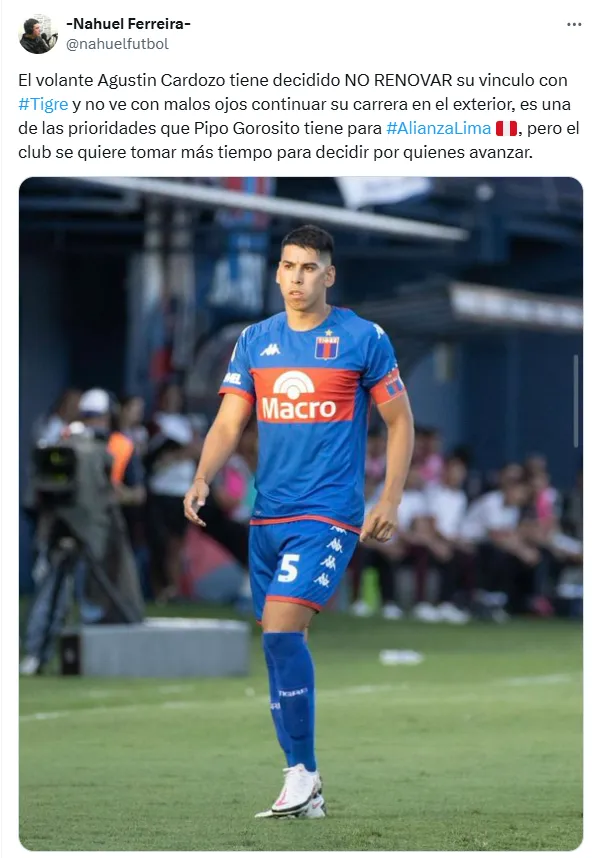 Cardozo, posible refuerzo de Alianza, jugando para Tigre. (Foto: X)