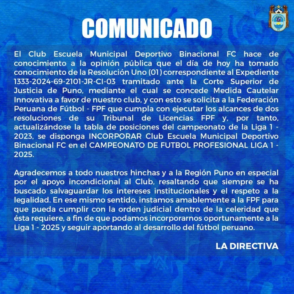 El comunicado de Binacional en redes sociales. (Foto: @BinacionalFC)