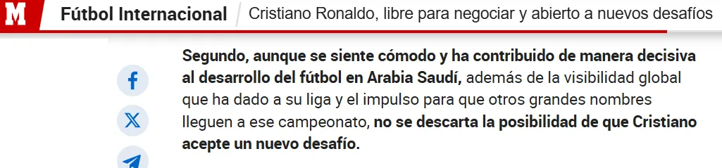 El reporte del diario Marca en el que advierte una posible salida de CR7 del Al Nassr.