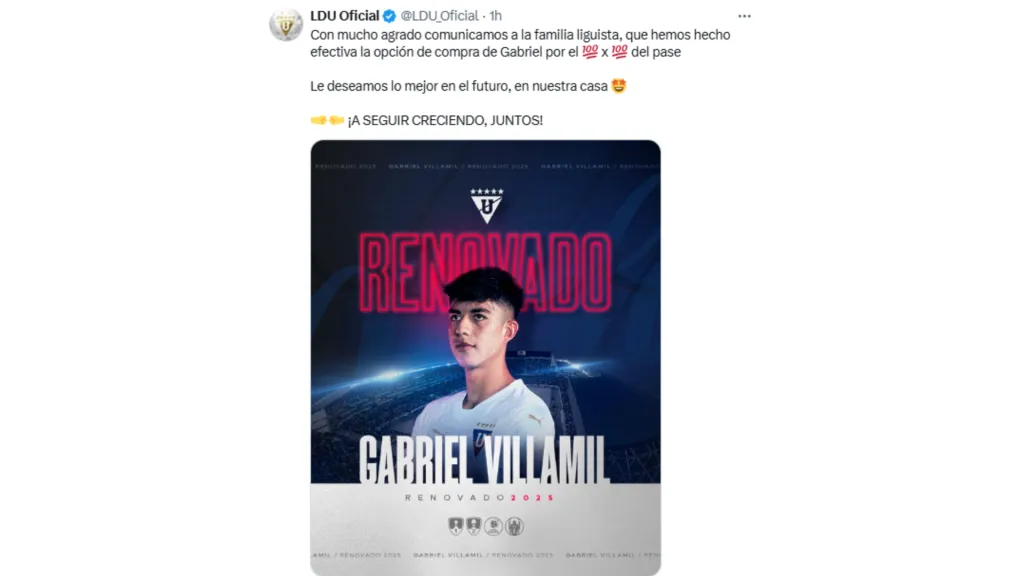 Liga de Quito anunció la renovación de Villamil. (Foto: @LDU_Oficial)