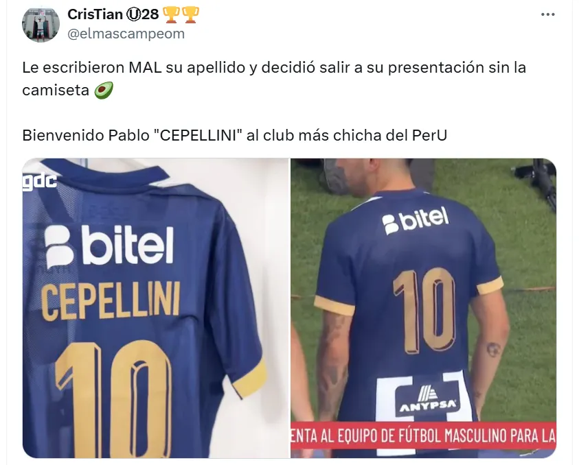 Ceppelini con la camiseta mal escrita. (Foto: Alianza Lima)