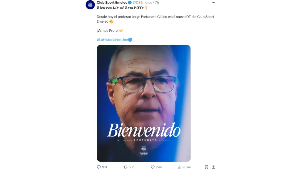 Así anunció Emelec a Jorge Célico. (Foto: Captura de Pantalla)