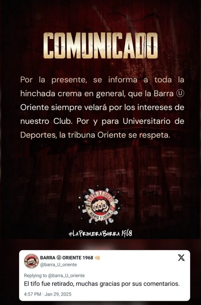 Comunicado en redes sociales. (Foto: Barra Oriente).