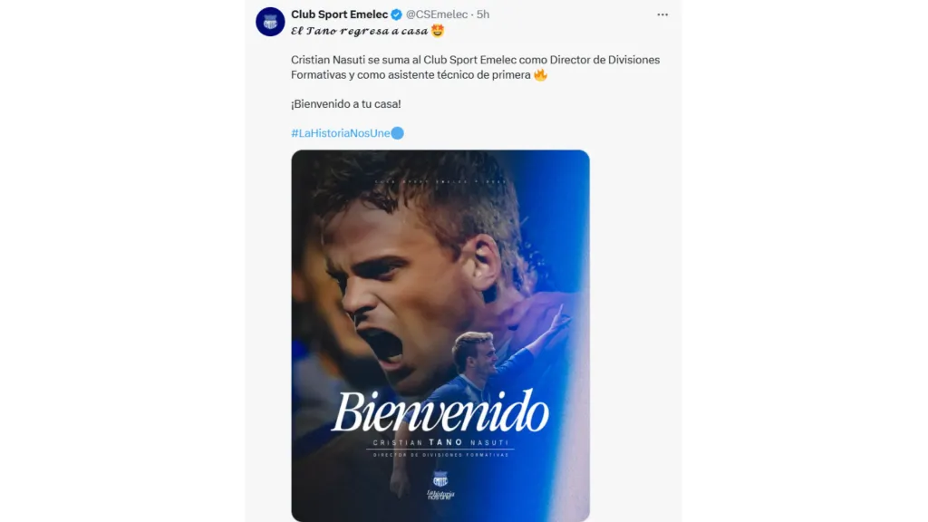 Así presentó Emelec a Nasuti. (Foto: @CSEmelec)