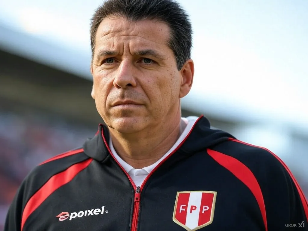 Así se verái Carlos Silvestri en el puesto de entrenador de Perú. (Foto: Imagen generada por Grok IA).