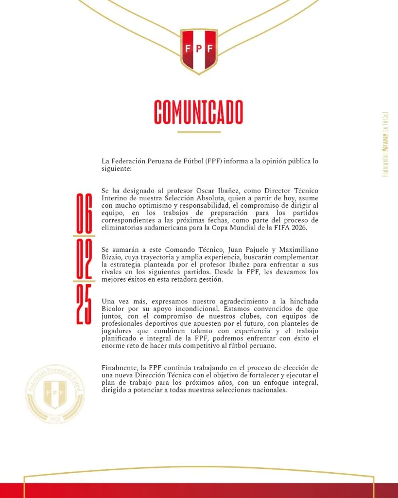 Así comunicó Perú la designación de Ibáñez. (Foto: @TuFPF)