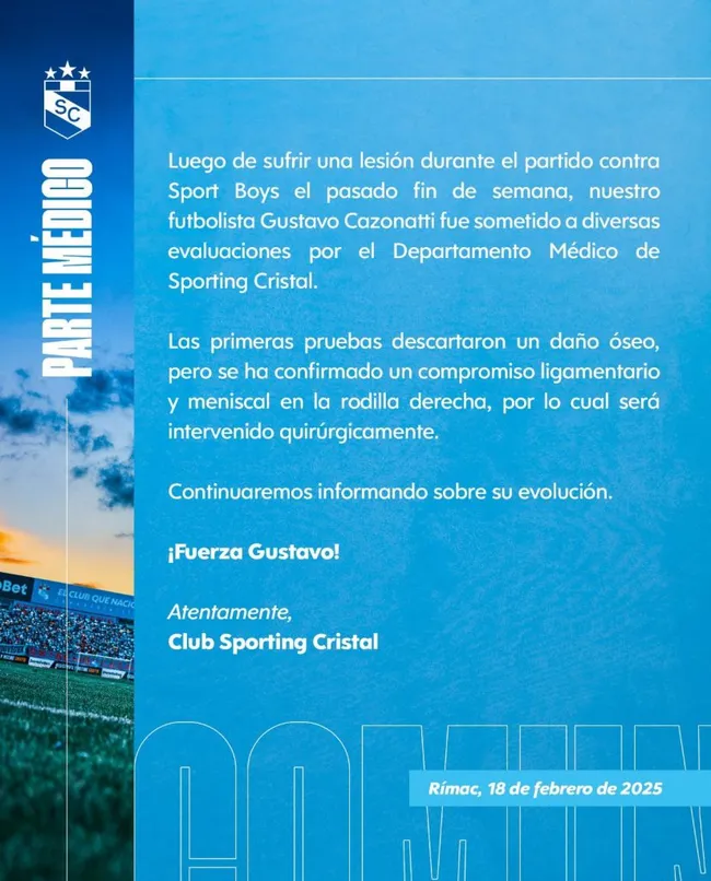 Comunicado oficial sobre Gustavo Cazonatti. (Foto: Sporting Cristal).
