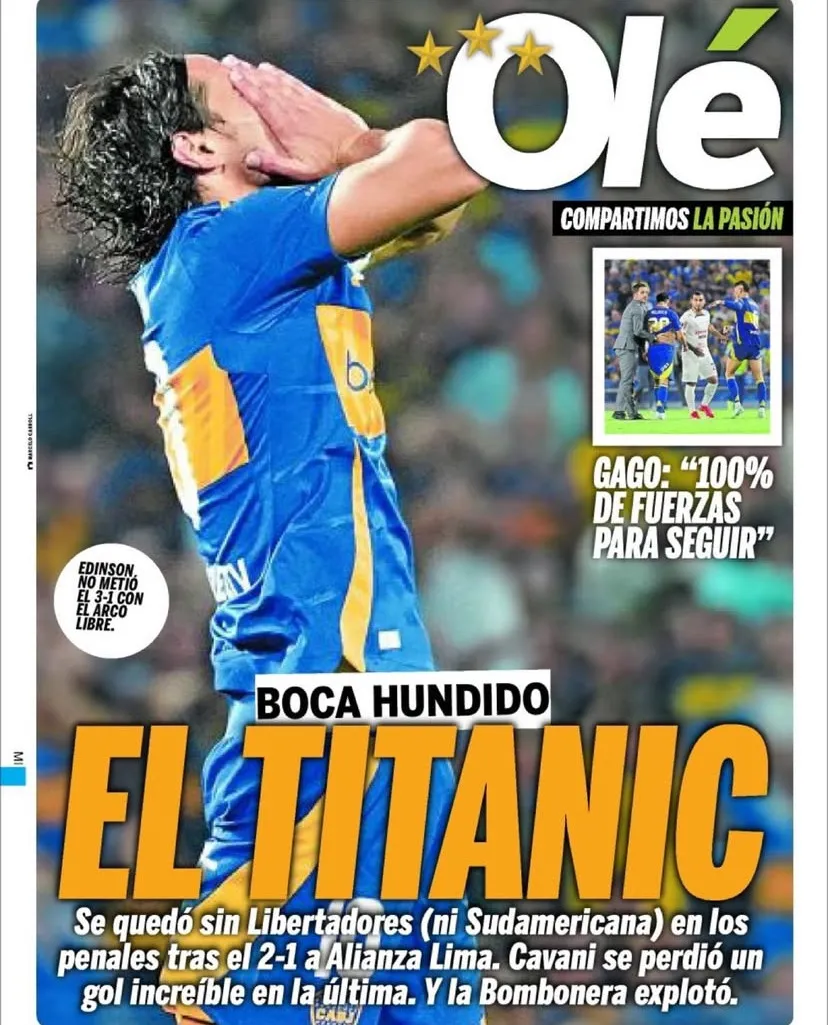 La tapa del Diario Olé con Edison Cavani reflejando la derrota de Boca ante Alianza Lima.