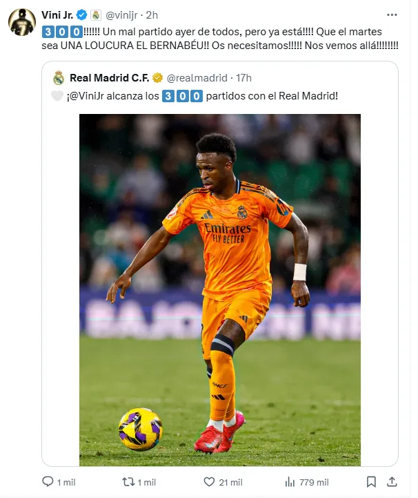 El tuit de Vinícius sobre el partido con el Atlético de Madrid por Champions League.