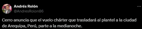 Cerro viajará a medianoche (Foto: X)