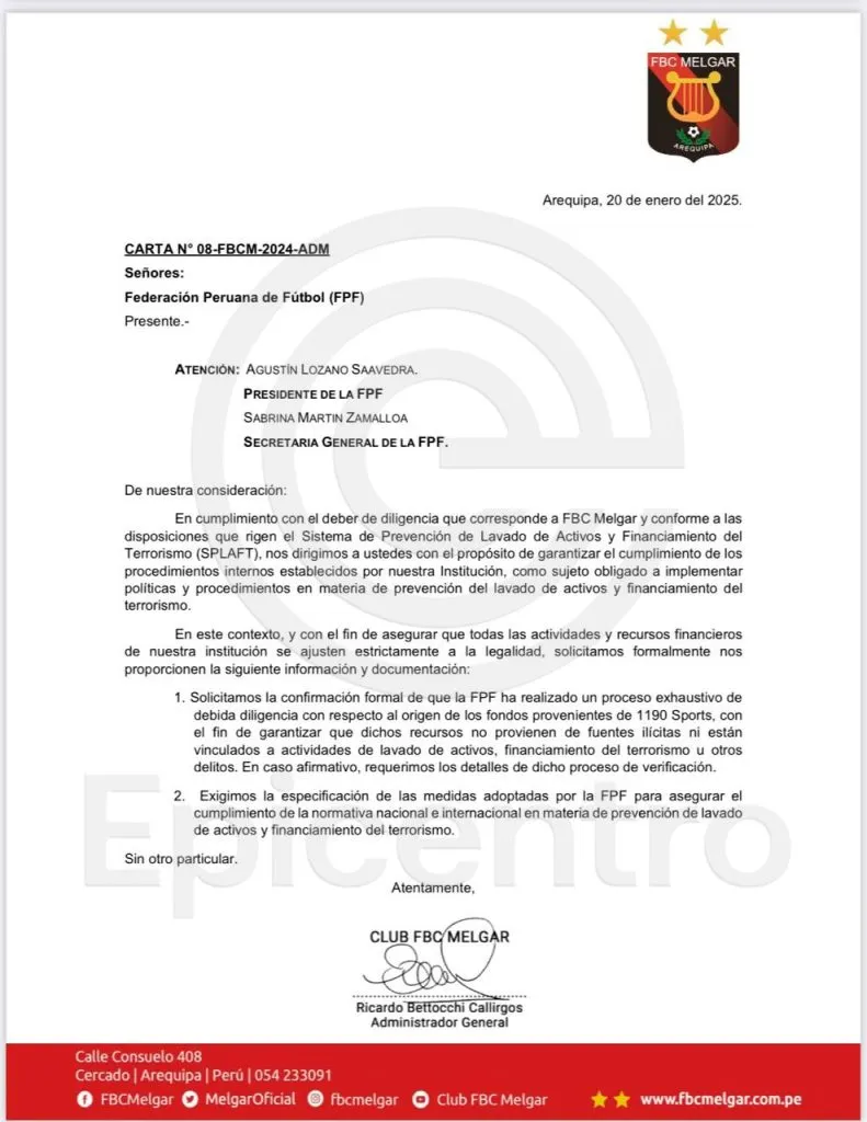 Comunicado de FBC Melgar a la FPF. (Foto: FBC Melgar).