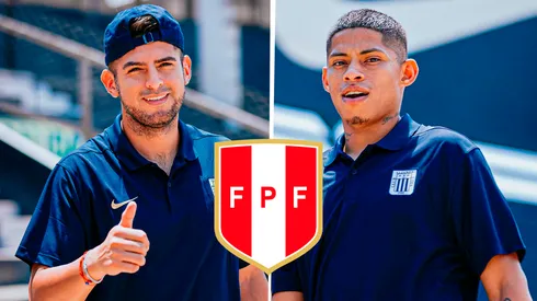 Carlos Zambrano y Kevin Quevedo con el escudo de la Selección Peruana.