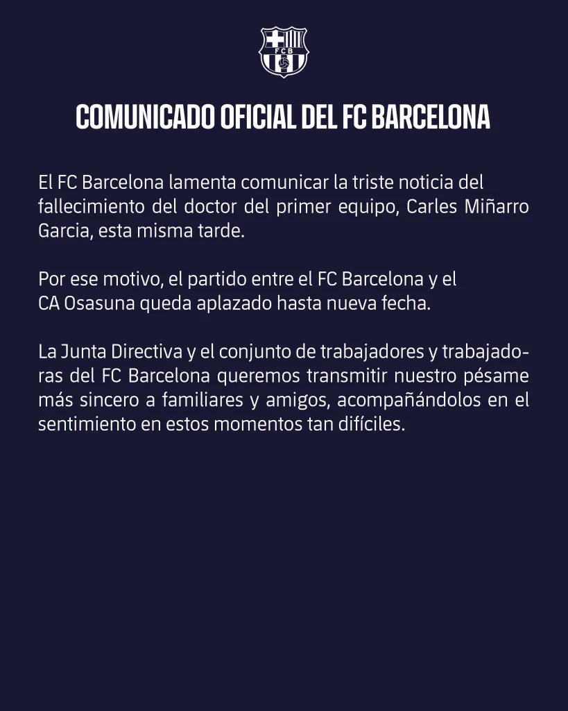 El comunicado de Barcelona sobre la muerte del doctor Carles Miñarro García (X @FCBarcelona_es)