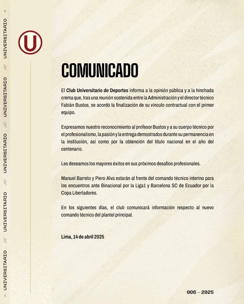 El comunicado de salida de Bustos de Universitario de Deportes. (Foto: @Universitario)